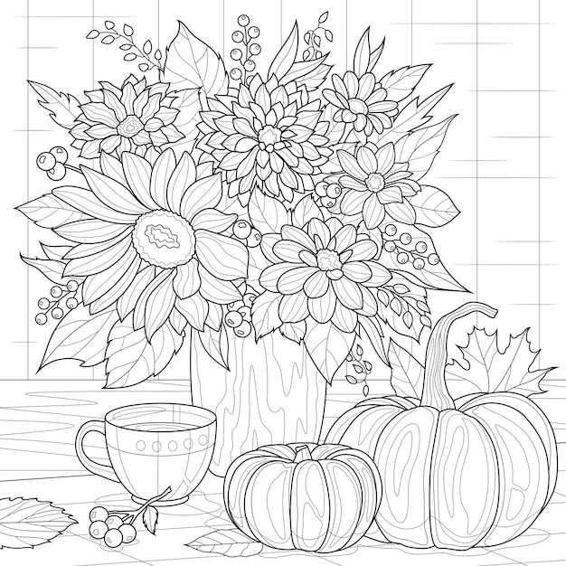 Premium vector autumn bouquet of flowers pumpkins and teacoloring book antistress for children and adults