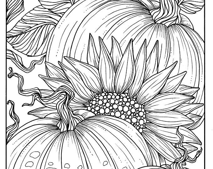 Fall flowers and pumpkins digital coloring page thanksgiving