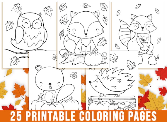 Fall coloring pages autumn coloring book for kids fall leaf fall flower pumpkin fox oak owl squirrels deer bear thanksgiving pdf