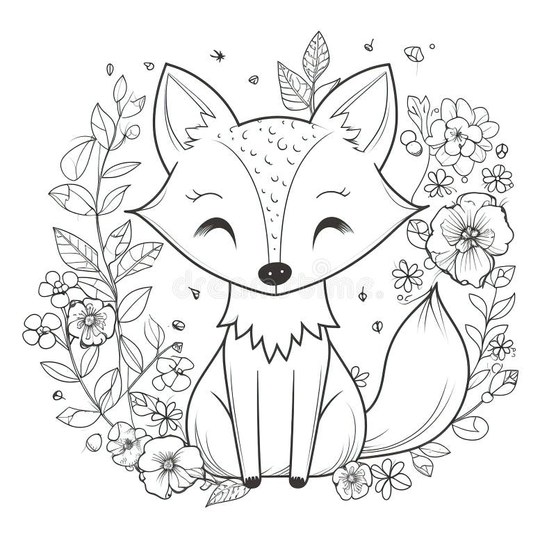 Kids coloring page of a happy fox with flowers that is blank and downloadable for them to plete stock illustration