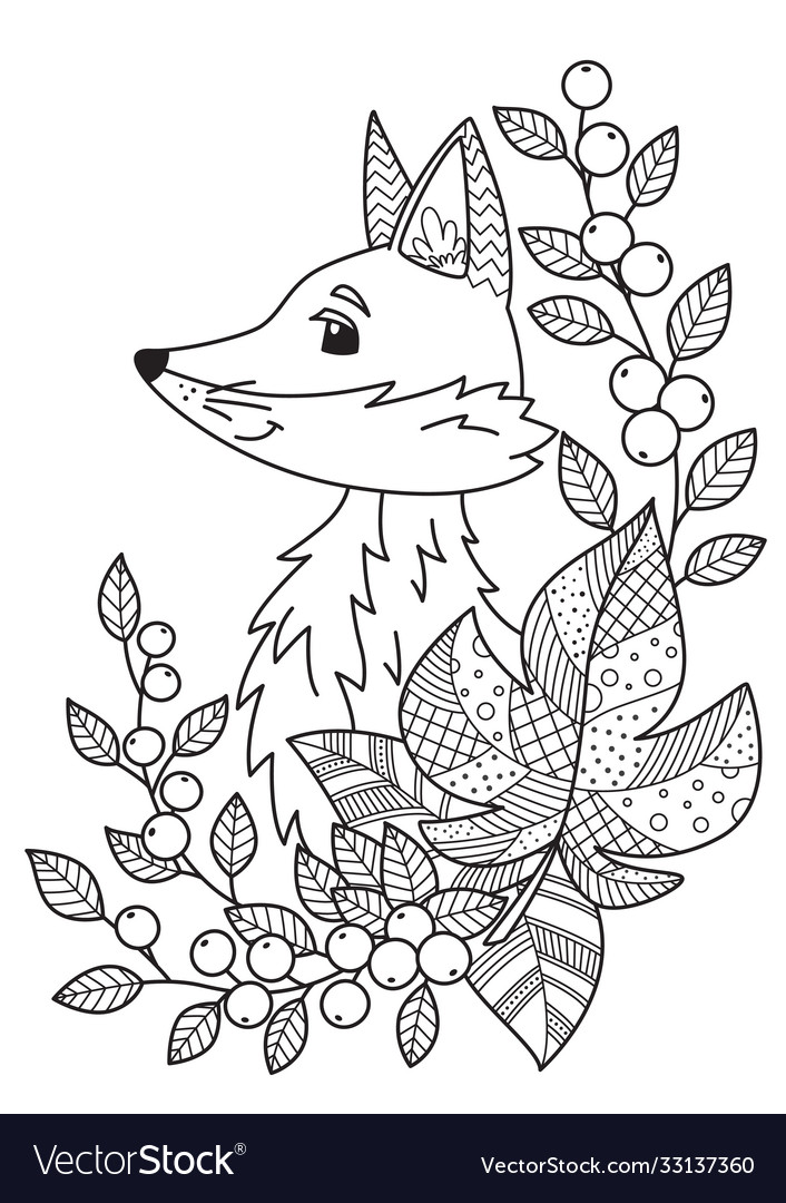 Autumn fox doodle coloring book page entangle vector image