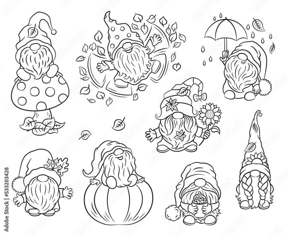 Fall doodles gnomes coloring book cute scandinavian gnome having autumn outdoor fun baby children illustration for coloring page nordic gnome sketch black and white illustration vector