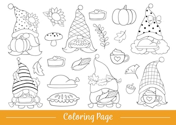 Premium vector draw coloring page thanksgiving gnome doodle cartoon style