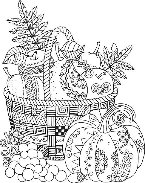Basket with harvest fruits pumpkin and grape thanksgiving day autumn harvest stock illustration