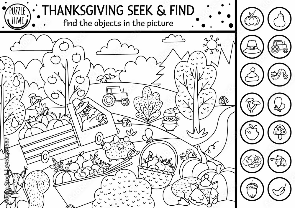 Vector black and white thanksgiving searching game or coloring page with cute turkey in the field spot hidden objects simple seek and find s outline autumn or farm printable activity