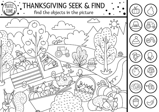 Premium vector vector black and white thanksgiving searching game or coloring page with cute turkey in the field spot hidden objects simple seek and find s outline autumn or farm printable