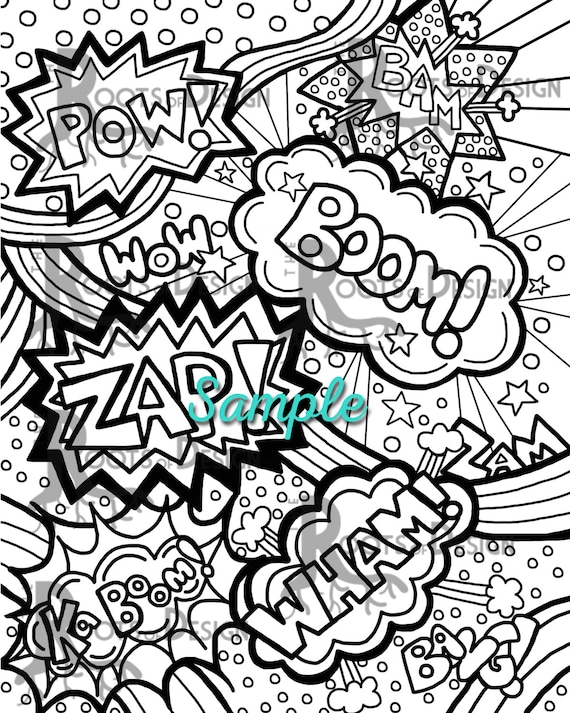 Instant download coloring page ic book words pop art print zentangle inspired doodle art printable