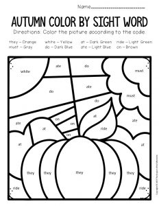 Color by sight word fall kindergarten worksheets