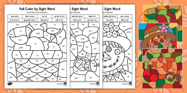 Fall color by sight word ela resource usa