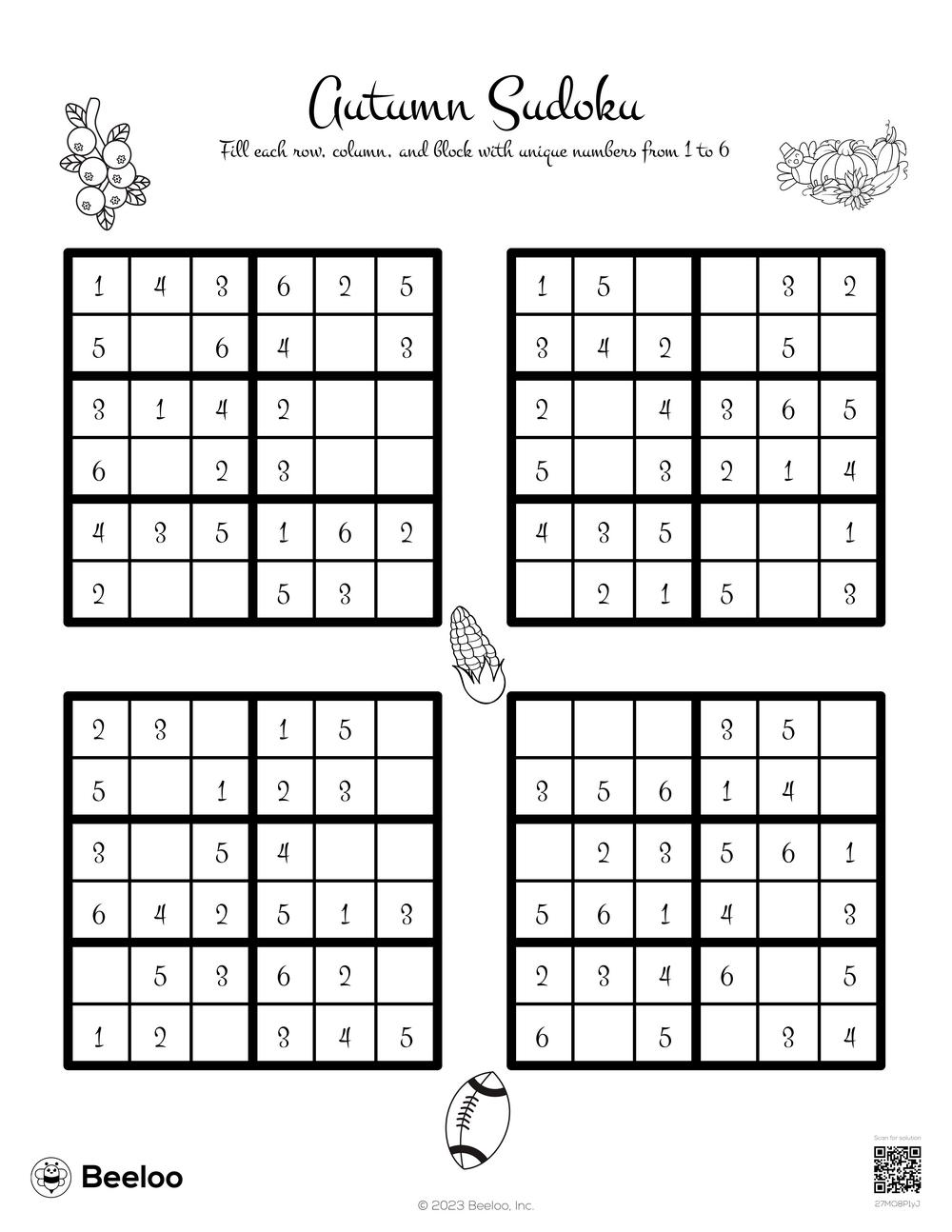 Autumn sudoku â printable crafts and activities for kids