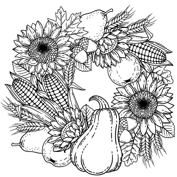 Autumn harvest for thanksgiving day vector coloring page for adult black and white wreath made with leaves sunflower corn apple pear ears of wheat and pumpkin stock illustration