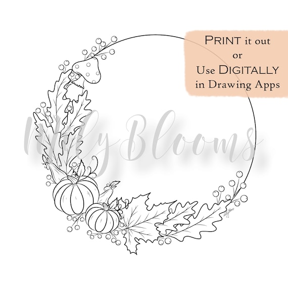 Printable and digital adults coloring page autumn pumpkin wreath with and without background