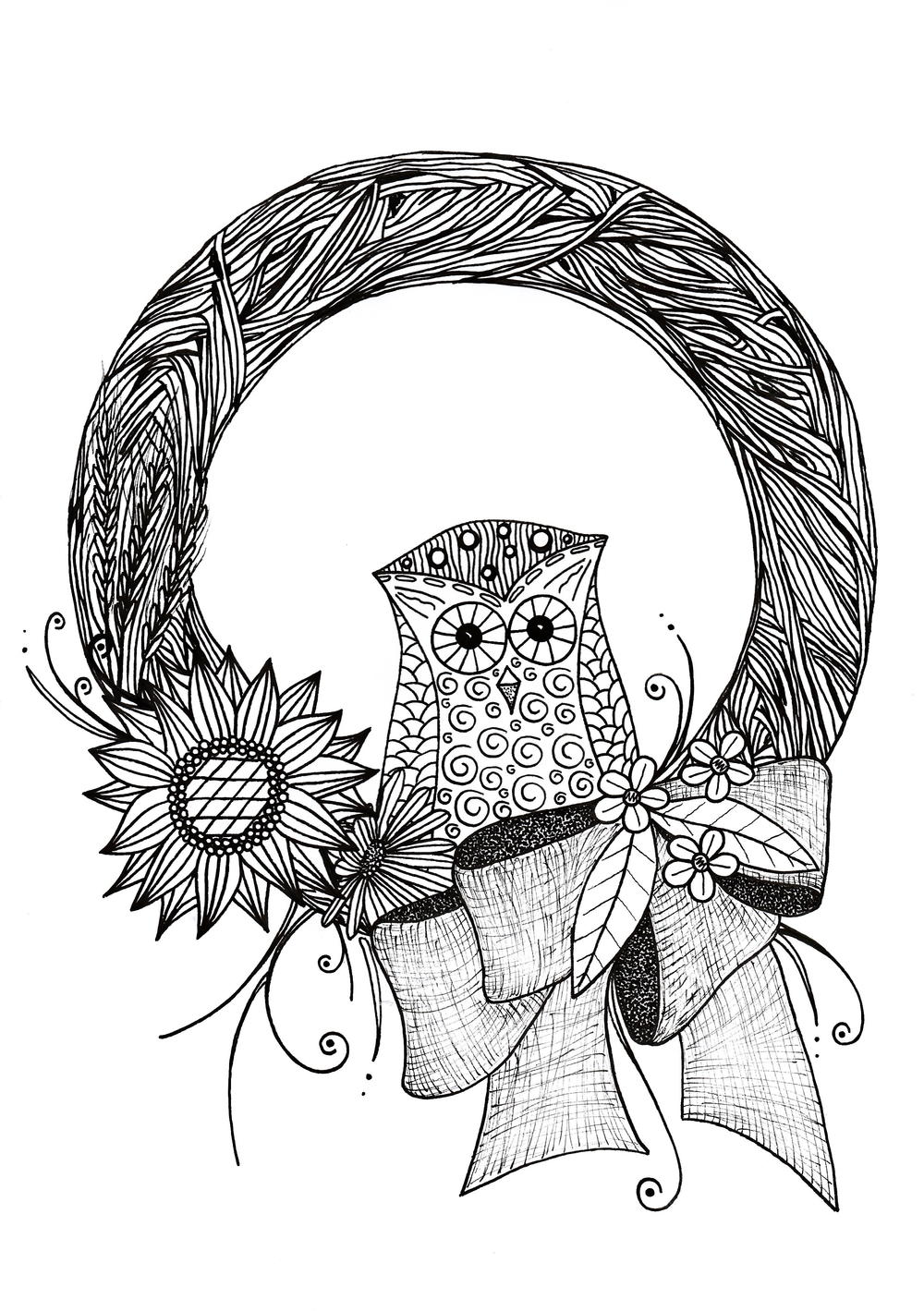 Intricate fall wreath adult coloring page