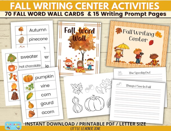 Fall writing center fall word wall cards fall writing prompts with coloring images primary lined handwriting paper fall creative writing instant download