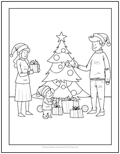 Family at christmas tree coloring page print it free