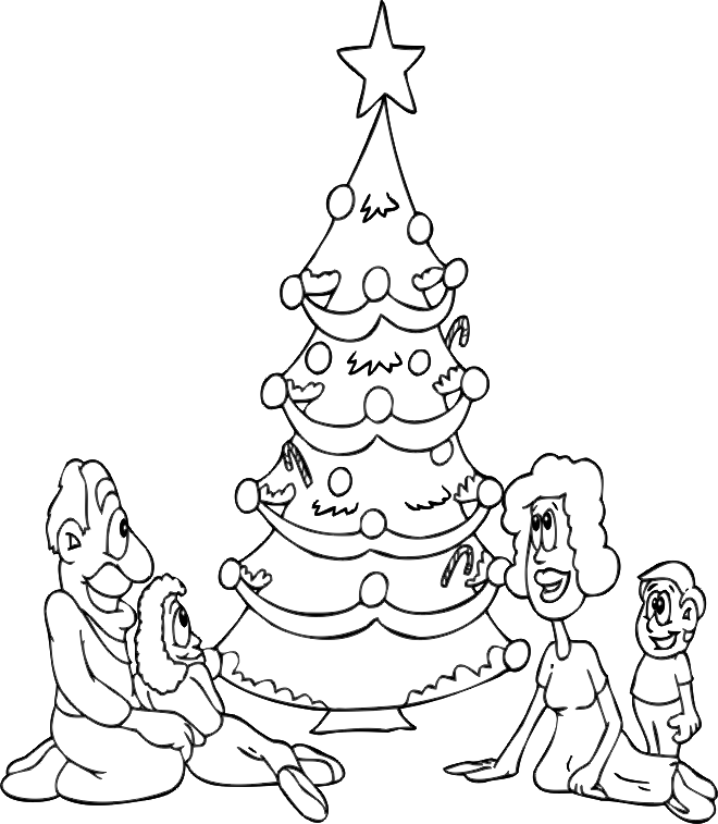 Christmas coloring page family around their tree