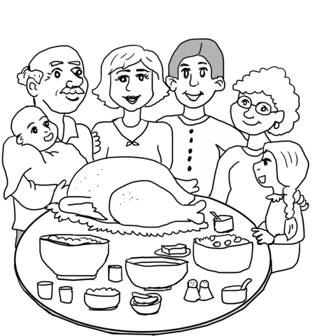 Thanksgiving family dinner coloring page free printable coloring pages