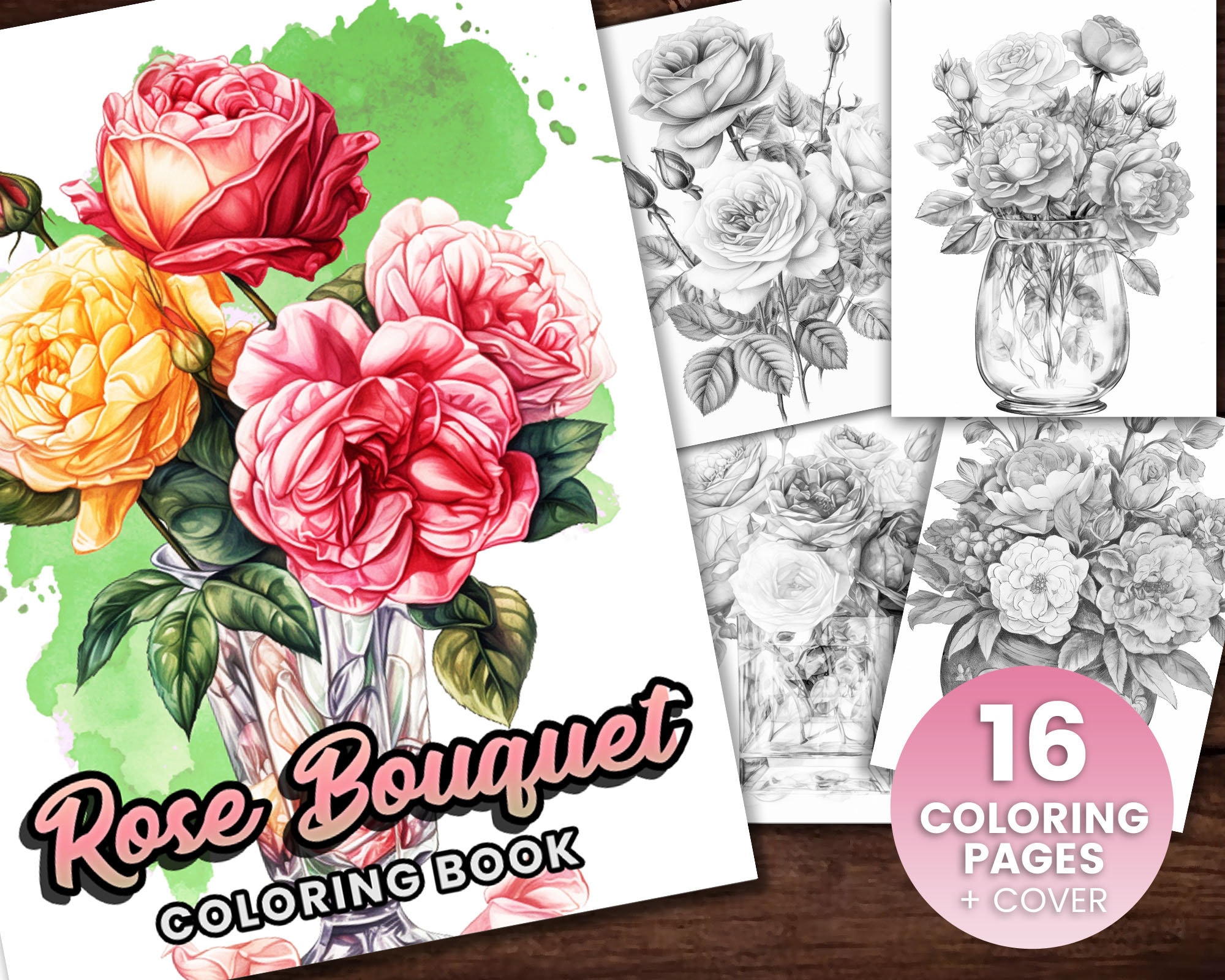 Rose bouquet collection coloring page adults kids instant download grayscale coloring page gift printable pdf flower coloring