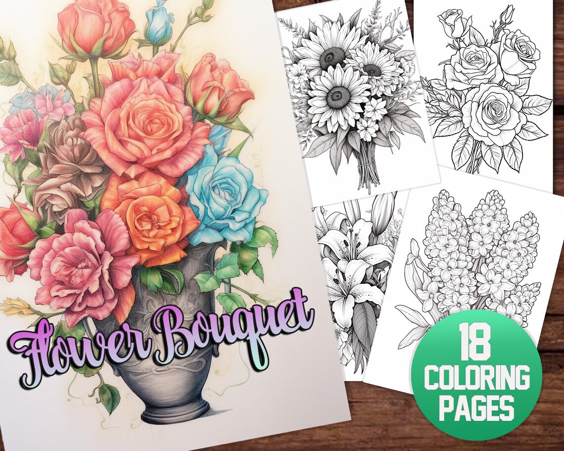 Flower bouquet coloring pages instant download grayscale coloring book printable pdf file