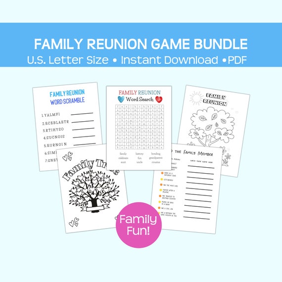 Family reunion games and coloring fun for kids instant pdf download word scramble word search and coloring pages