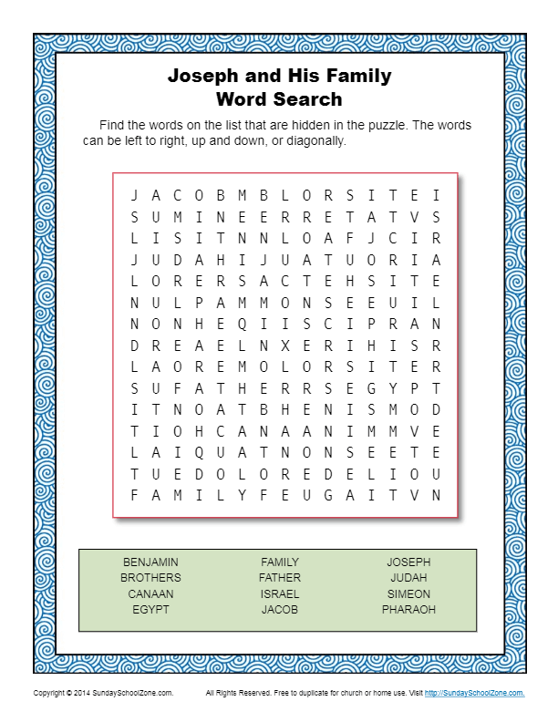 Joseph and his family word search word search bible activity for children