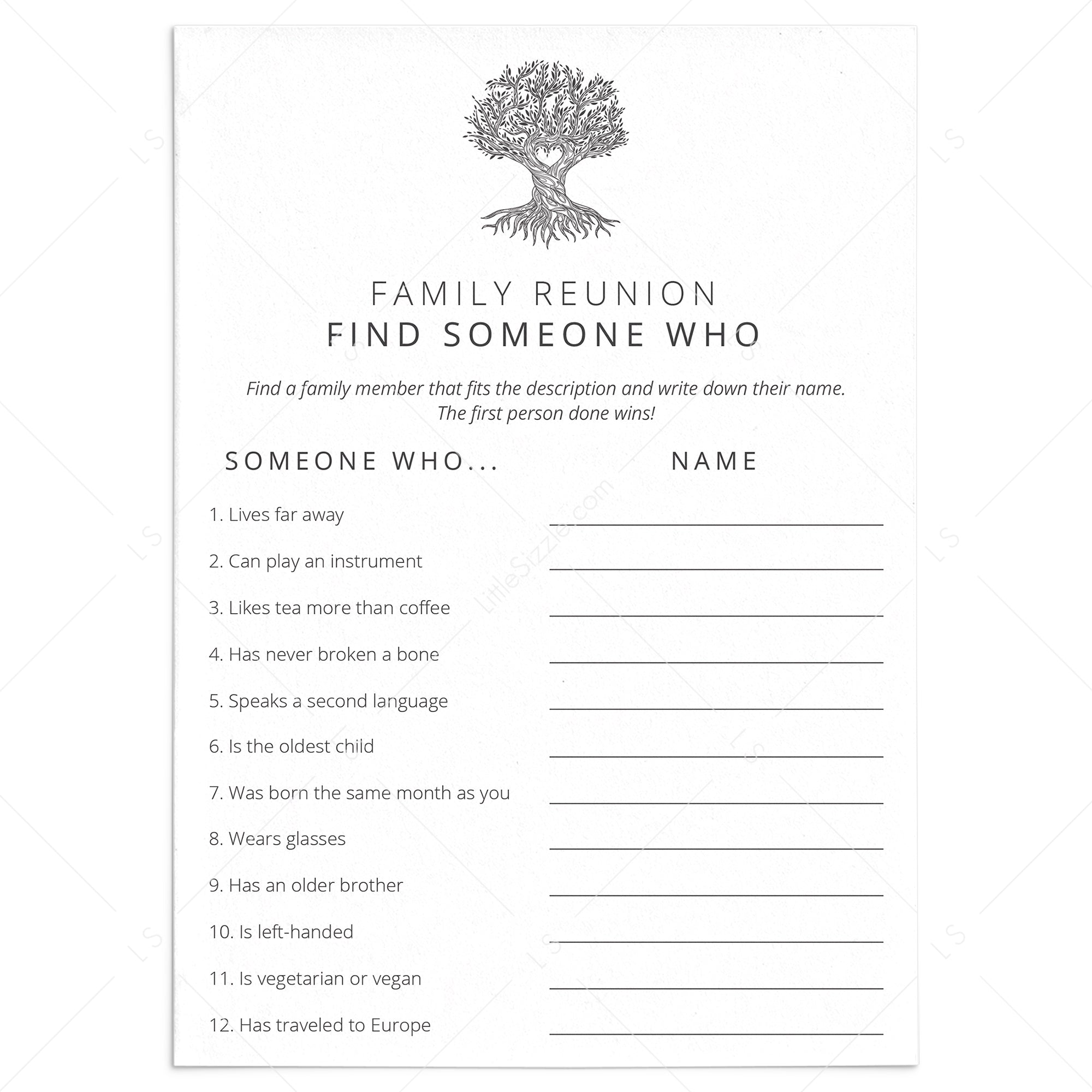 Printable family reunion icebreaker game find someone who â