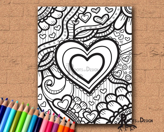 Instant download coloring page fancy heart valentines day art coloring print zentangle inspired doodle art printable