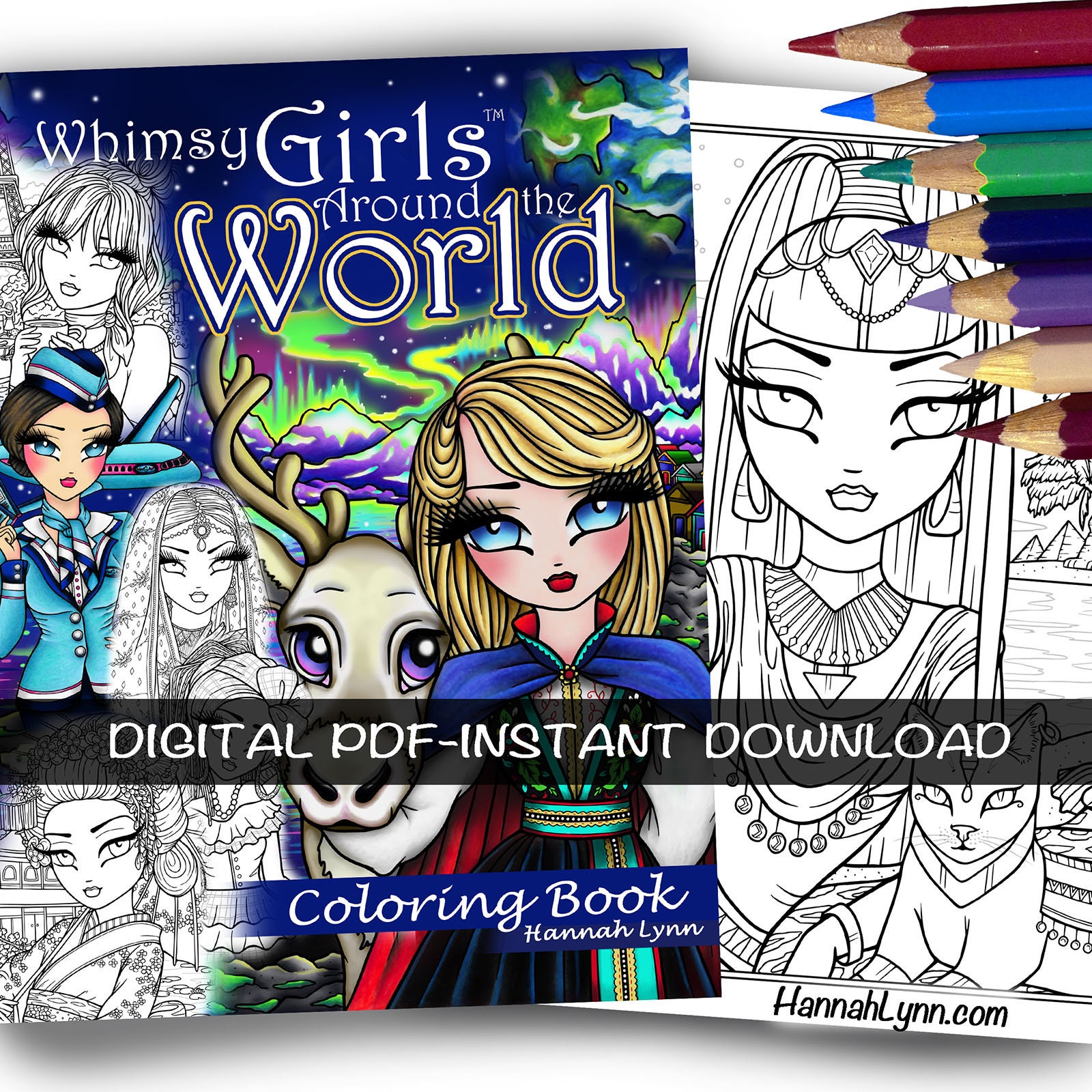 Pdf digital whimsy girls around the world coloring book hannah lynn printable coloring pages instant download