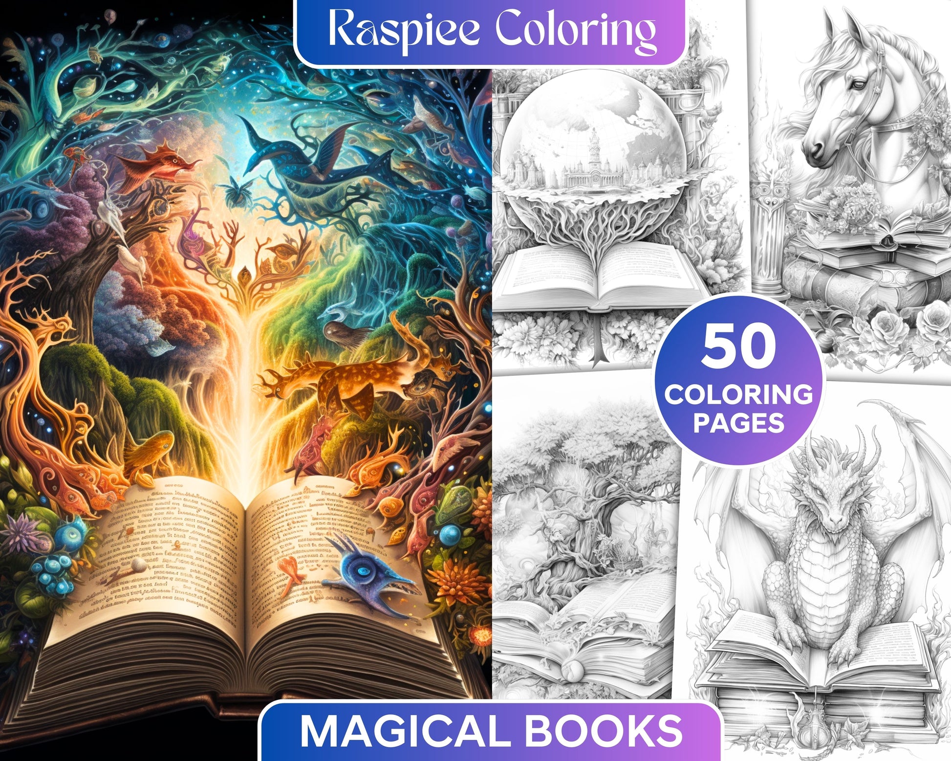 Magical books grayscale coloring pages printable for adults pdf fi â coloring