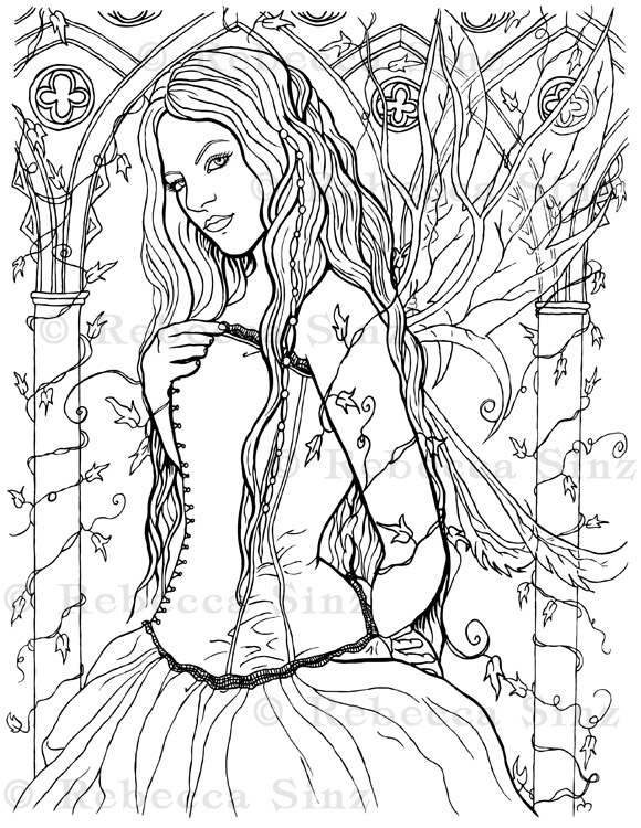 Gothic fairy fantasy art coloring book page