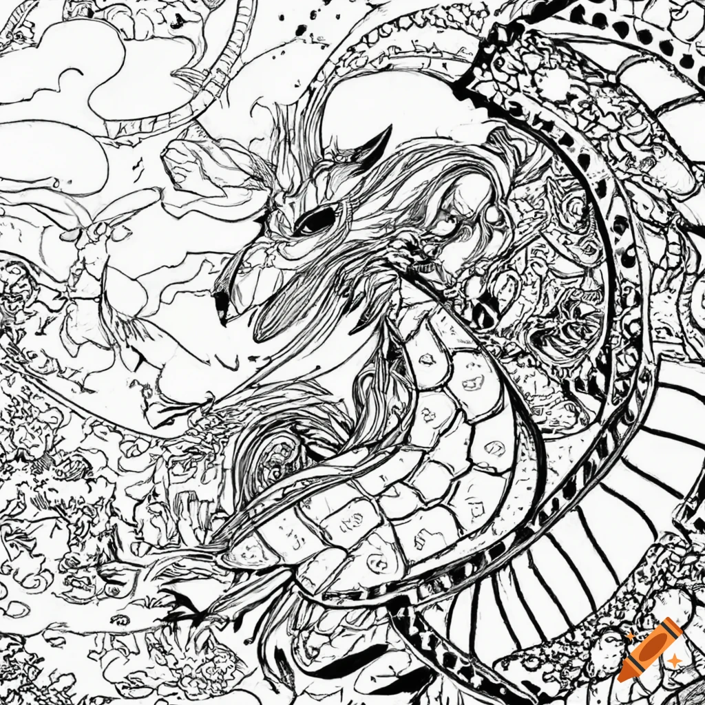 Black and white fantasy coloring page on