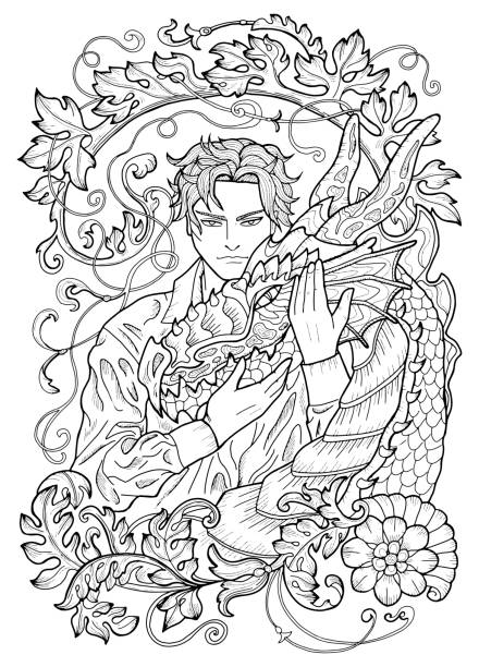 Line art manga style illustration with fantasy dragon and hero man or prince isolated on white stock illustration