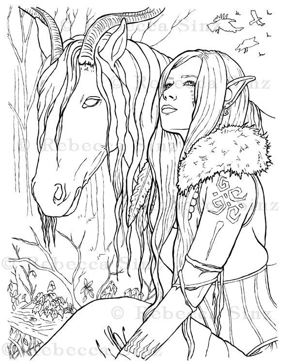 Elf pooka horse fantasy coloring book page