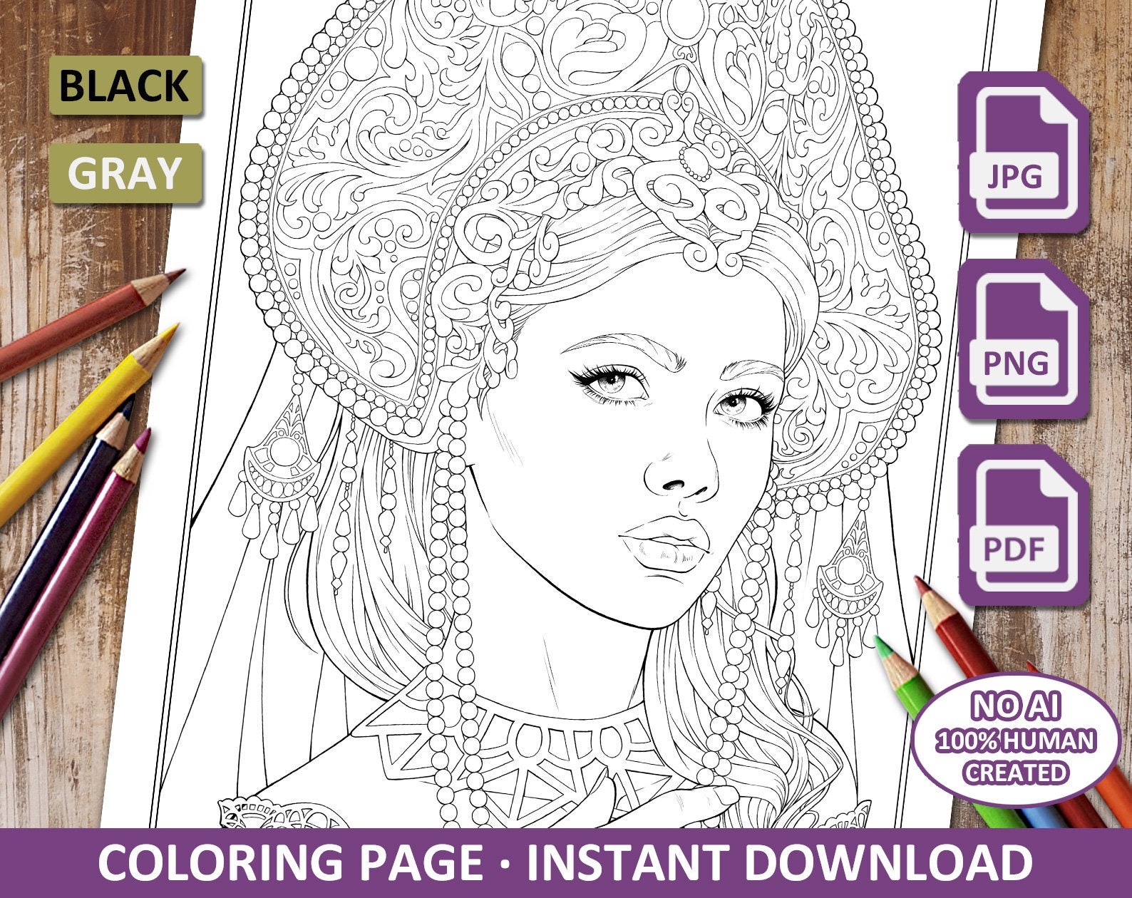 Fantasy coloring page headdress printable download