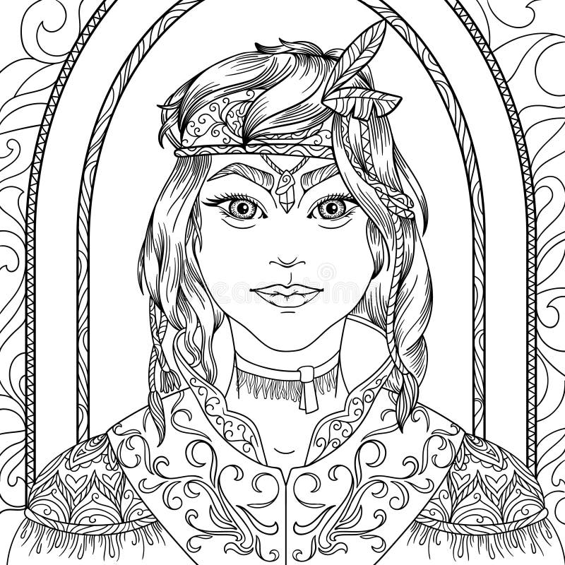 Coloring page for adults anti stress with beautiful girl stock illustration