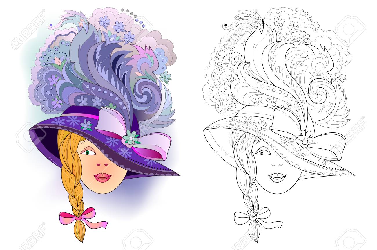 Fantasy portrait of beautiful girl with fashionable hat poster for headdress show colorful and black and white page for coloring book worksheet for children and adults vector cartoon image royalty free svg