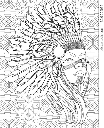 Native woman with feather headdress side