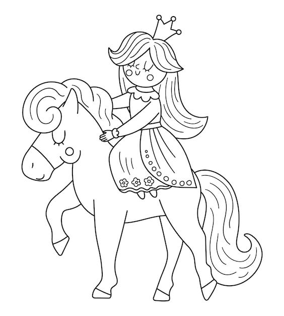 Premium vector fairy tale black and white vector princess riding a pink horse fantasy line girl in crown coloring page medieval fairytale maid girlish cartoon magic icon with cute characterxa