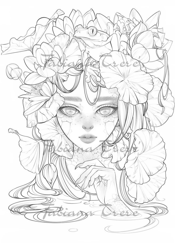 Fantasy princess digital stamp grayscale flowers loto frog adult coloring page mermaid creature lagoon line art instant download