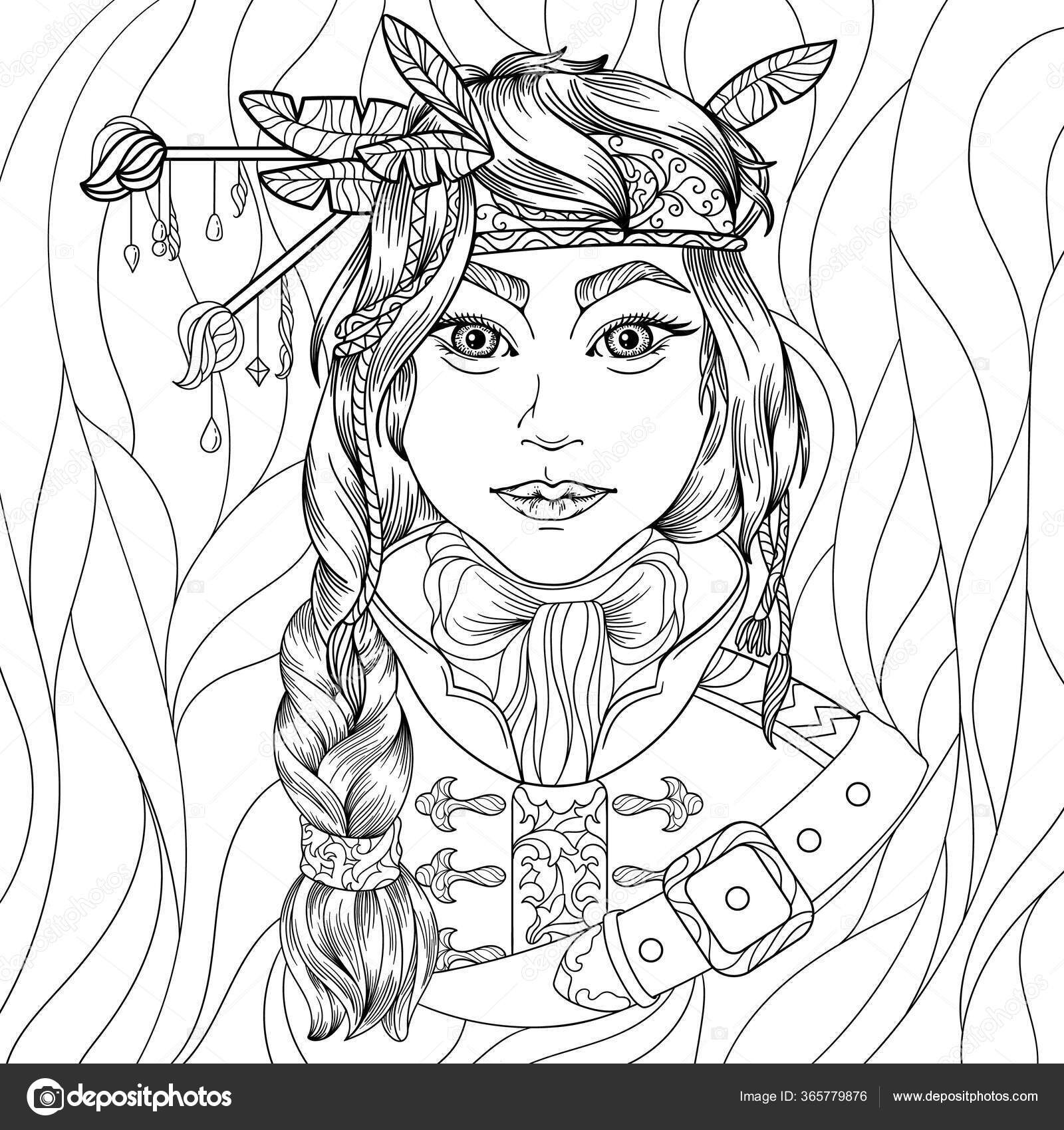 Coloring page adults stress beautiful girl hunter fantasy characters black stock illustration by strelokjugmail