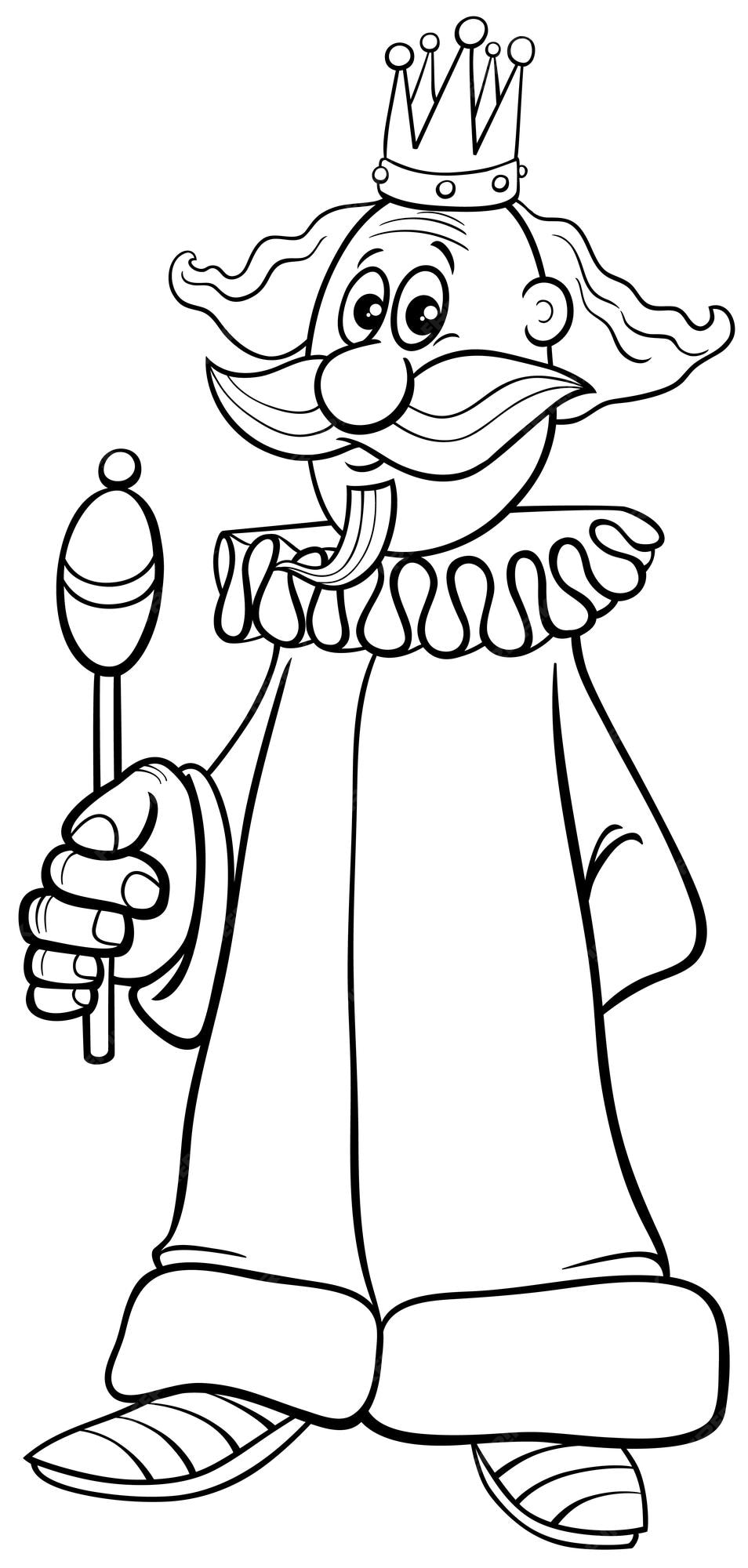 Premium vector black and white cartoon illustration of funny kings ic fantasy character with a scepter and a crown coloring page