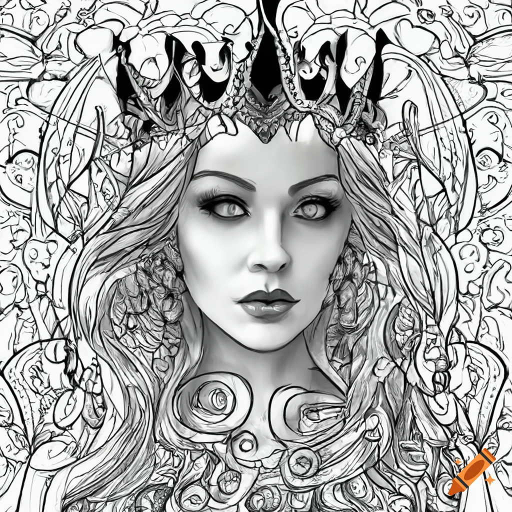 Fantasy crown colouring page black and white on