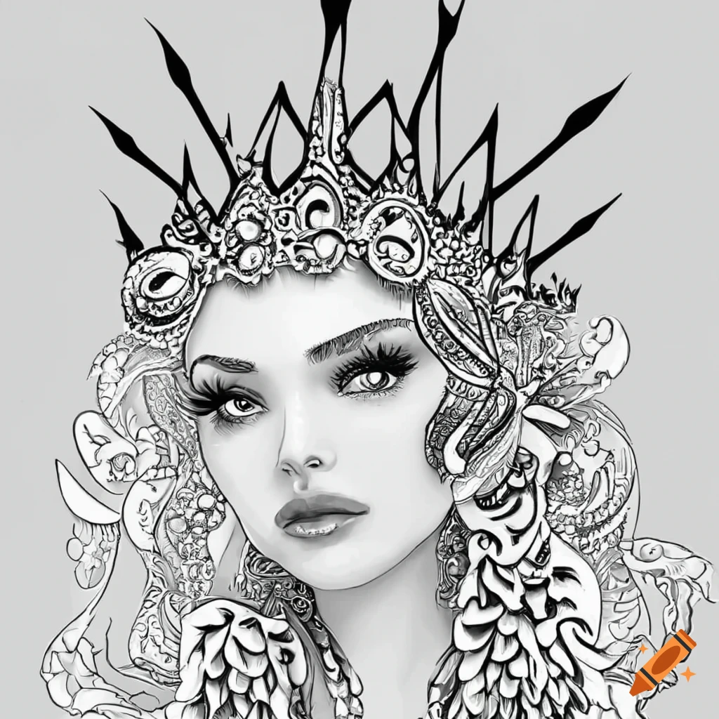 Black and white coloring page of a majestic fantasy crown on