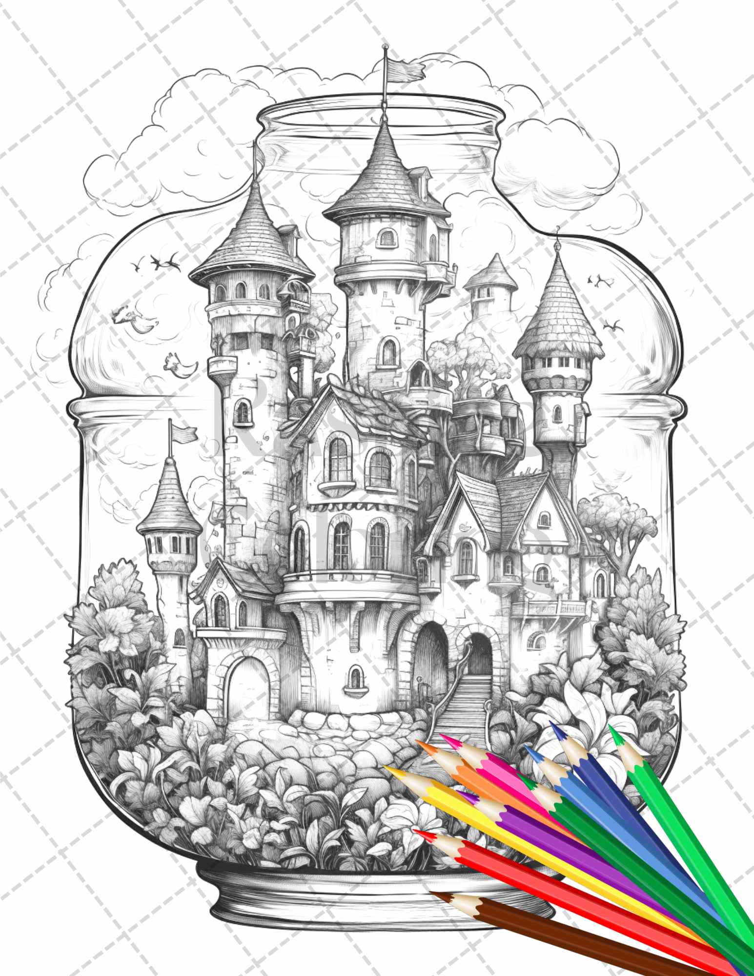 Fantasy castle in jar grayscale coloring pages printable for adults â coloring