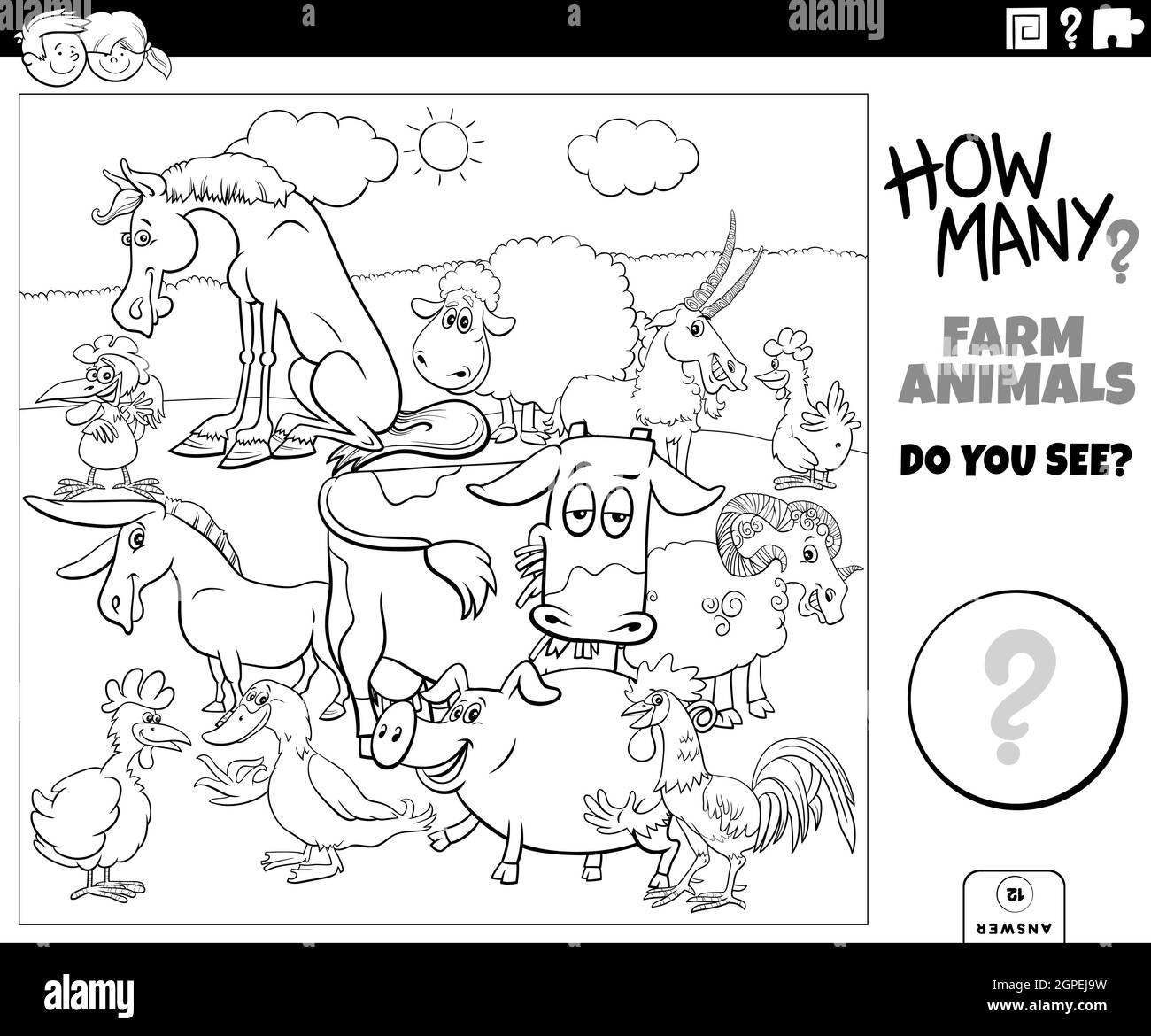 Counting farm animals educational task for kids coloring book page stock vector image art