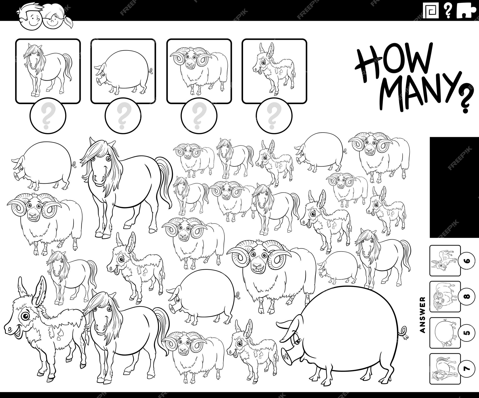 Premium vector black and white illustration of educational counting activity with cartoon farm animal characters coloring page