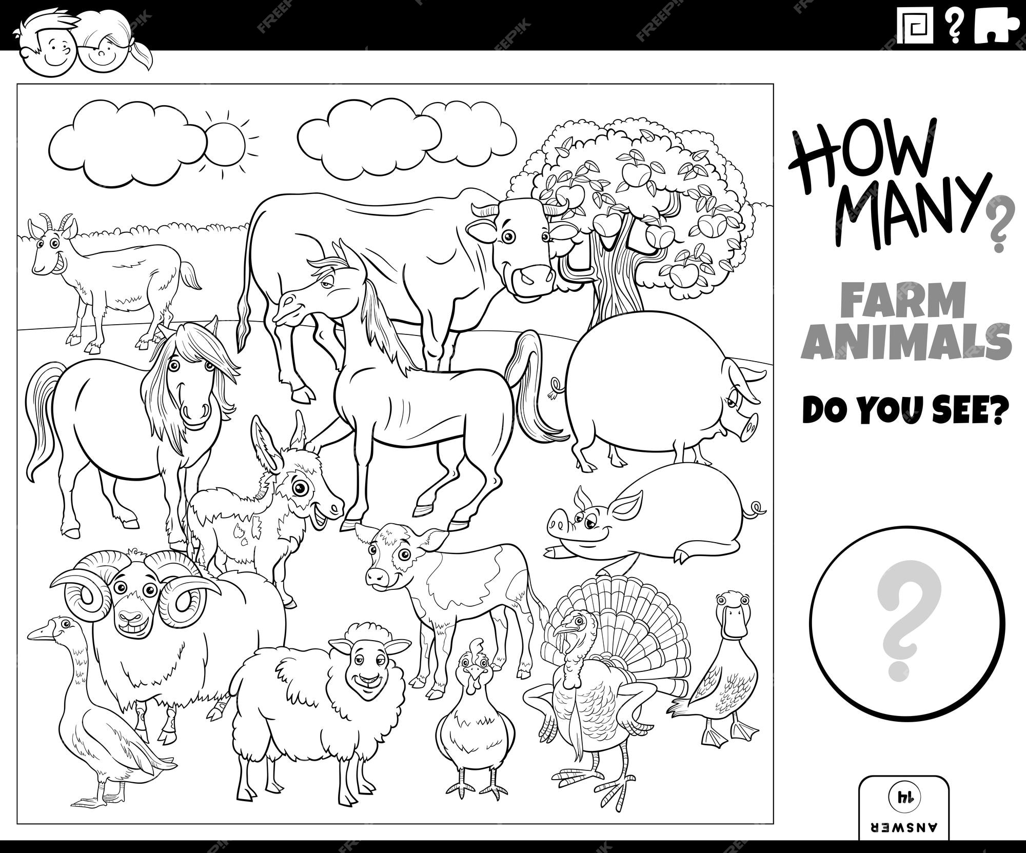 Premium vector counting cartoon farm animals educational task coloring page