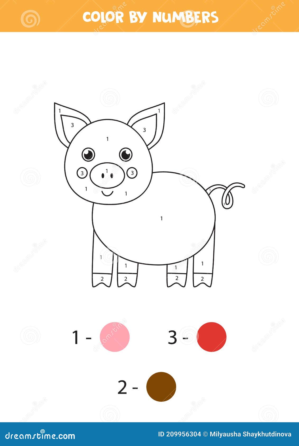 Color cute pig by numbers farm animal worksheet stock vector