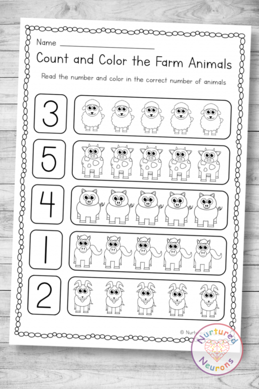 Farm animal count and color worksheet