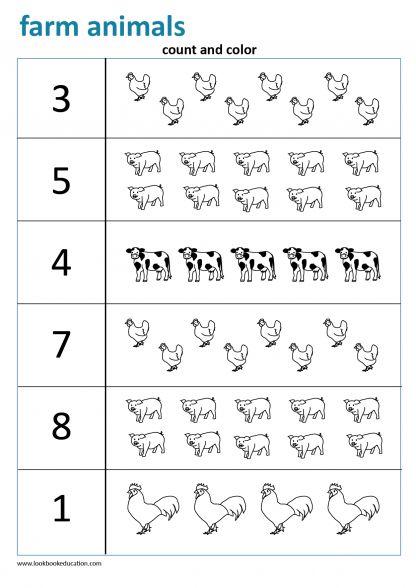 Count and color farm animals preschool activities printable worksheets farm animals